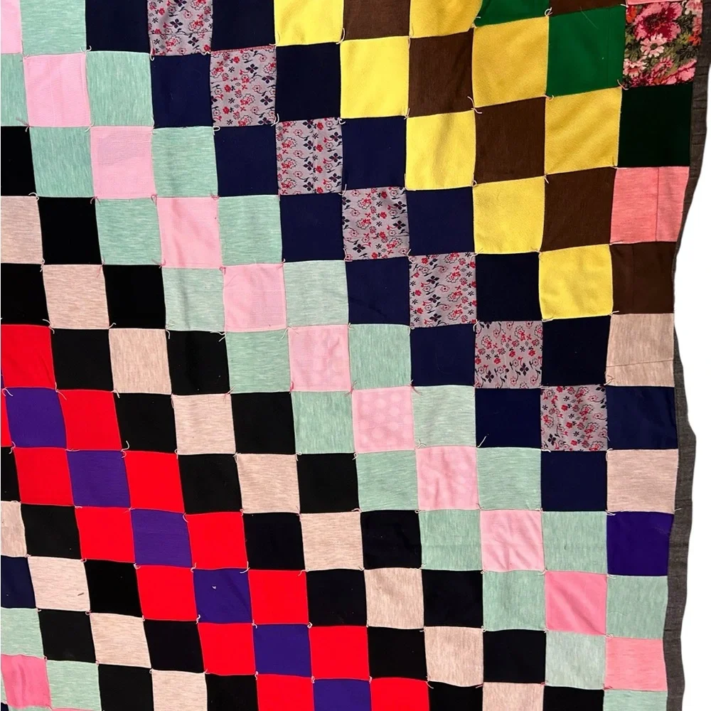 Vintage 70s Handmade Multi Color Block Patchwork Granny Square Blocks Quilt